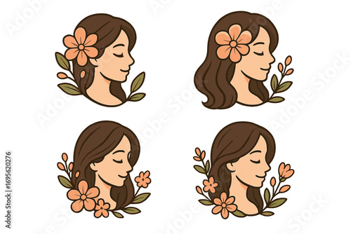 Vector cartoon illustration of a serene woman with brown hair and orange flowers, floral portrait set with natural leaves and floral elements, beauty and nature concept