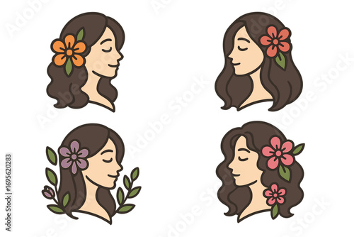 Vector Cartoon Illustration of Women with Flowers in Hair, Profile Silhouettes with Floral Hair Accessories, Beauty and Nature Concept, Set of Four Elegant Female Characters