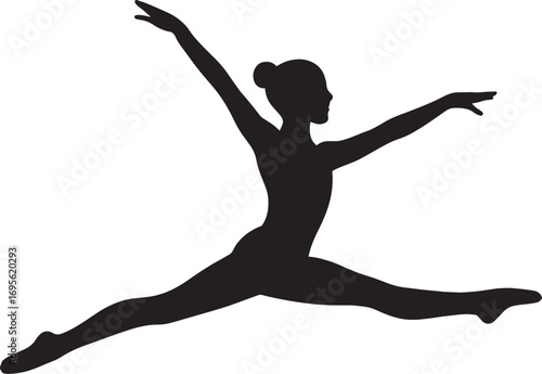 "Vector silhouette of gymnast performing split leap with arms stretched, bold sharp outline, minimalist clean flat style, ultra HD isolated on white background"
