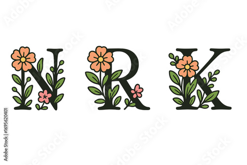 Floral letters N, R, K set with cute flowers and green leaves, initial alphabet design with botanical elements, decorative nature-inspired vector illustration for logos and branding