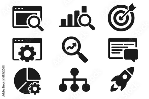 SEO icon set solid style design vector cartoon illustration with transparent background ordered business and technology icons for web optimization analysis and marketing