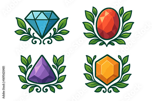 Set of colorful gemstone logos with foliage ornament design, vector cartoon illustration, transparent background, diamond, oval, pyramid, hexagon shapes, decorative greenery, crystal icons collection