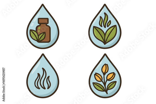 Set of green nature logos with water drops, herbal natural medicine bottle, aromatic leaves, natural steam icon, and blooming plant illustrations, eco-friendly designs for wellness and health branding