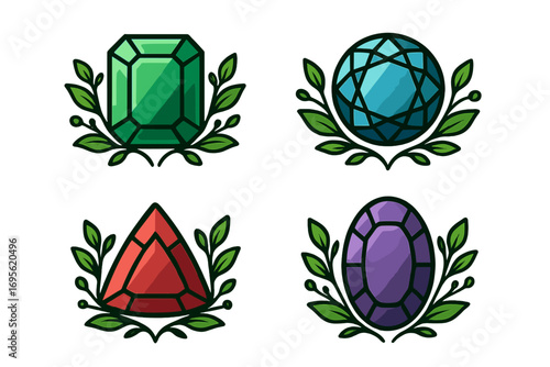 Set of gemstone logos with ornamental green foliage, colorful crystals in green, blue, red, and purple, vector cartoon illustration, elegant decorative design, transparent background