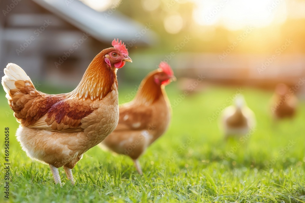 Fototapeta premium Two hens roam freely in a sunlit grassy field, showcasing their vibrant feathers against a serene farm backdrop.