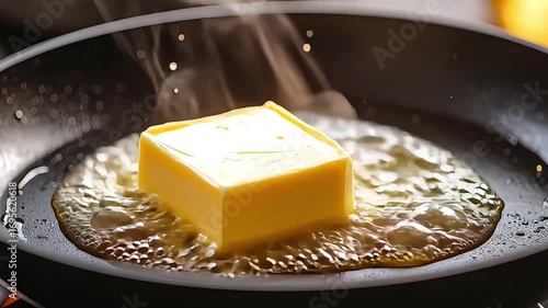 A close-up shot of butter melting in a hot frying pan, steaming.