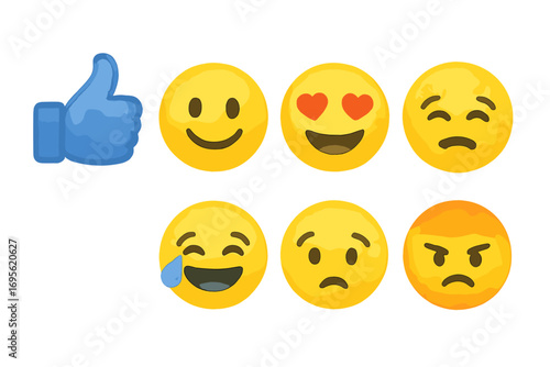 Watercolor Facebook emojis set, vector cartoon expressions with transparent background, ordered collection of social media reactions, fun and colorful smiley icons