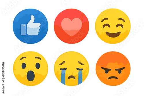 Watercolor emoji set with Facebook-style icons, vector cartoon illustration featuring like, heart, smile, shock, crying, and angry emotions in a transparent background, ordered emoticons collection