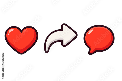 Social media icon set with love heart, share arrow, and comment bubble in 3D style, cartoon vector illustration, transparent background, modern communication symbols collection