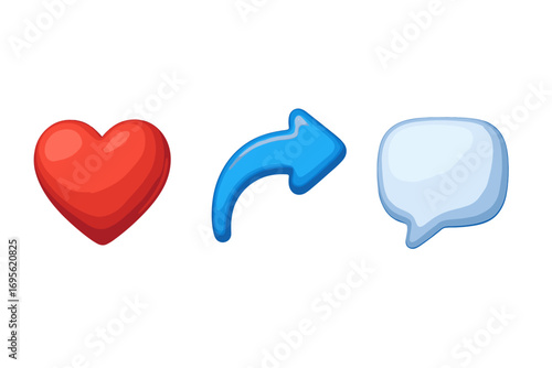 Social media icons set love heart share arrow comment bubble 3D style vector cartoon illustration transparent background ordered collection digital communication symbols