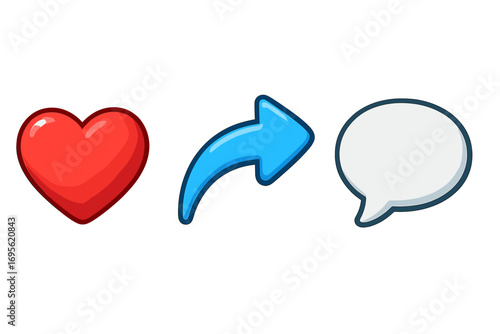 Social media icon set love heart share arrow comment bubble 3D vector cartoon illustration transparent background ordered collection communication symbols digital marketing