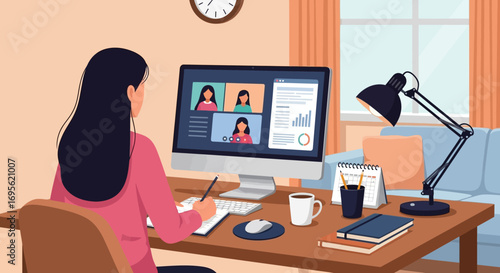 Woman attending video conference meeting at home office desk.