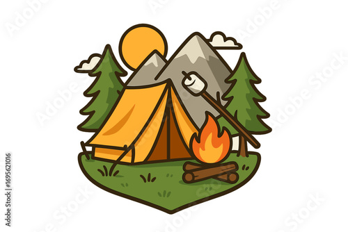 Summer camp adventure logo with tent campfire roasting marshmallow outdoors nature mountain forest pine tree sunny day cartoon vector illustration