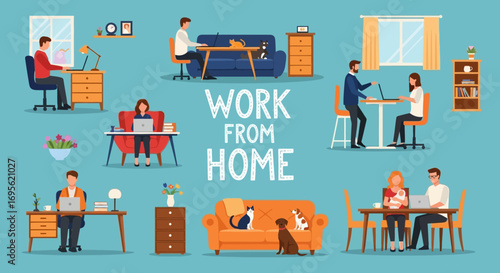 People working from home using laptops and computers for remote work.