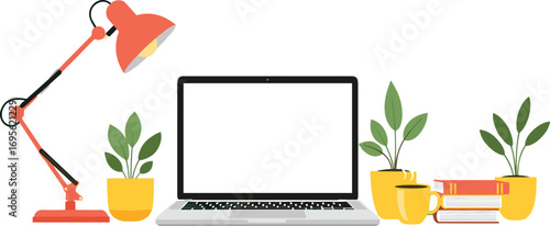Modern workspace with laptop, red desk lamp, green plants, coffee cup, and books on clean white background in vector illustration design