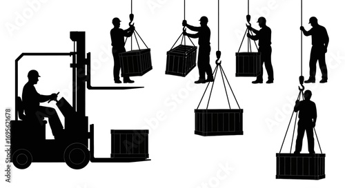 Silhouette of workers and forklift loading cargo boxes.