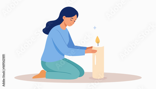 Woman Lighting a Candle A Symbol of Hope, Remembrance, or Prayer in a Vector Illustration