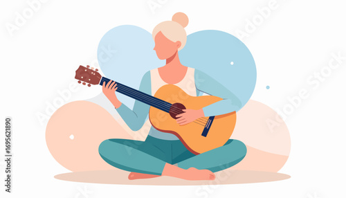 Vector illustration of a relaxed woman sitting cross-legged and playing an acoustic guitar, enjoying a musical hobby