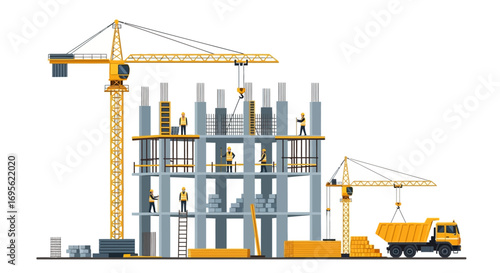 Construction site with crane and building under construction.