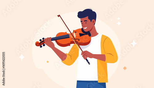 Illustration of a happy male violinist engrossed in playing a beautiful melody on his string instrument