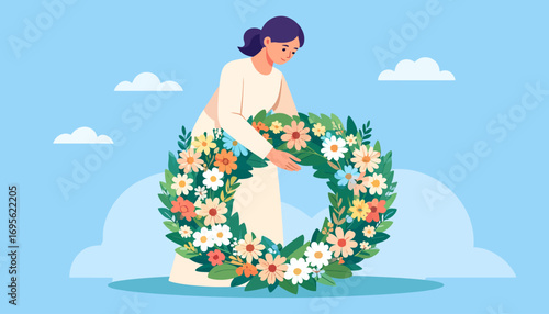 A solemn woman holding a vibrant floral wreath as a tribute of remembrance against a peaceful sky background