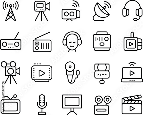 Media and communication icons set, broadcast equipment, video production line art, modern outline symbols, digital entertainment vector collection