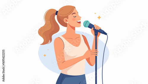 A happy young woman with a ponytail singing her favorite song into a microphone during a solo performance