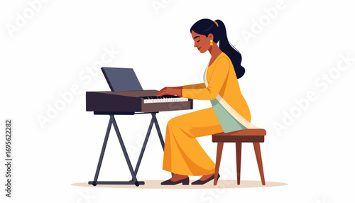 Elegant Woman Playing Piano with Focus and Grace in a Stylish Yellow Suit