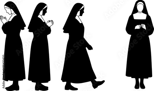 Silhouettes of Nuns Vector Set – sexy nuns, Religious Women in Traditional Habit Christian Illustration Collection,