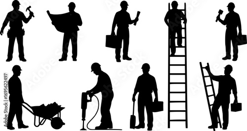 Builder People Silhouette Vector Set – Construction Workers in Hard Hats Labor Workforce Illustration Collection