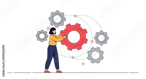Woman adjusting gears representing teamwork and collaboration in business.