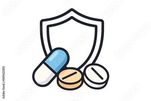 Health protection icon. Medical insurance concept with shield. Pills, capsule and drug symbol. Healthcare, vitamin, supplement, and immunity booster. Pharmacy logo vector.