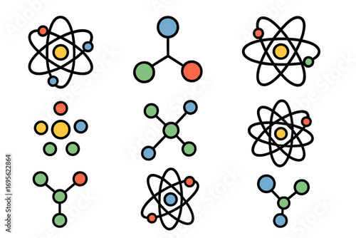 Atom and molecule icon set. Vector collection of chemical compounds and atomic structures. Science and technology symbols for chemistry, physics, and education projects.