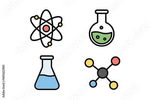 Science icon set. Chemistry lab equipment. Atom, molecule structure, physics symbol. Laboratory flask, beaker for experiment, research, analysis. Education, biotechnology concept.