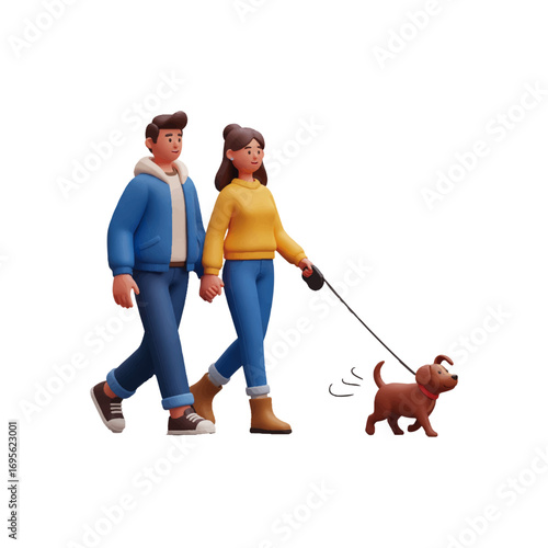 3D vector illustration, couple walking dog together, outdoor lifestyle