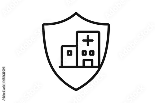 Health insurance symbol. Hospital shield icon. Medical protection concept. Healthcare safety. Clinic security pictogram. Medicine guarantee. Vector line art for web and apps.