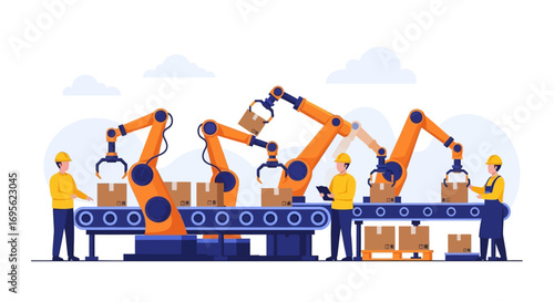 Automated assembly line with robotic arms and workers.