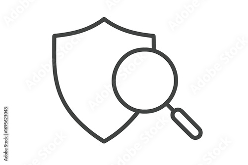 Security check icon with shield and magnifying glass. Concept of protection, safety audit, data privacy analysis, and vulnerability scan. Linear vector symbol for web and apps.