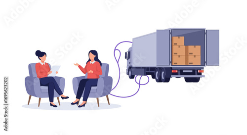 Two women discuss logistics with a delivery truck in the background.