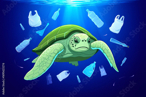 Vector Art of Turtle Surrounded by Plastic Bottles and Bags, Ocean Pollution Awareness