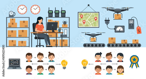 Logistics and delivery process with drone technology and teamwork.