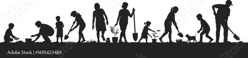 Family working in garden, children planting trees, adults using shovel, group gardening scene, outdoor teamwork, spring planting activity, eco lifestyle, nature and growth