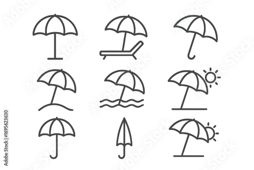 Beach umbrella line icon set. Parasol and sunshade vector collection for summer vacation. Sun protection, travel, and holiday concepts. Editable stroke thin icons for web.