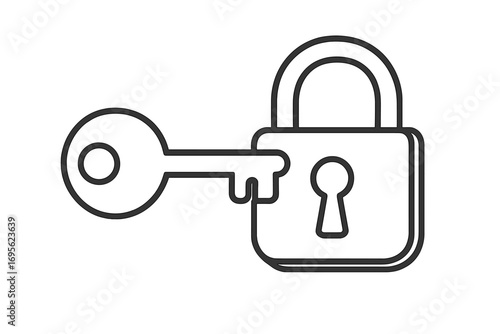 Key about to enter a lock. Concept of security, access, problem-solving, and finding the solution. Unlocking secrets, privacy, and safety. Simple vector line art icon.