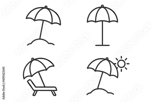 Beach parasol and sunshade umbrella icon set. Summer vacation and travel symbols for sun protection. Thin line art collection with editable stroke for web and apps.