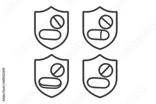 Medical shield with pills icon set. Health protection, immune system defense, and medicine safety concept. Pharmacy, vitamin, and antibiotic drug symbol for healthcare. Line art.