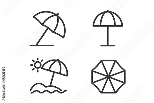 Beach umbrella and parasol line icon set. Summer vacation, sun and sea concepts. Sunshade for protection from the sun. Vector symbols for UI, web, and apps. Editable stroke.