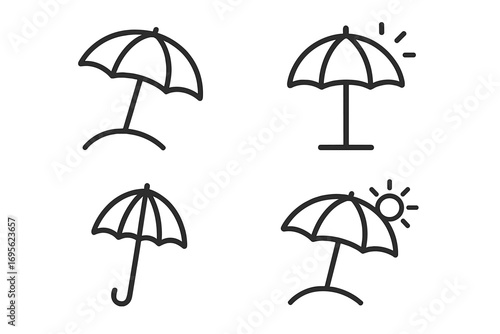 Beach parasol and sunshade umbrella line icon set. Summer vacation and travel concept. Sun protection symbol for UI, UX, websites, and mobile apps. Editable stroke vector.