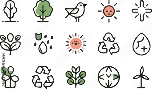 Organic Nature and Environment Line Icons Simple Vector Set of Plants, Animals, Weather, and Ecology Symbols