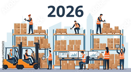 Warehouse operations in 2026 with workers and forklifts.